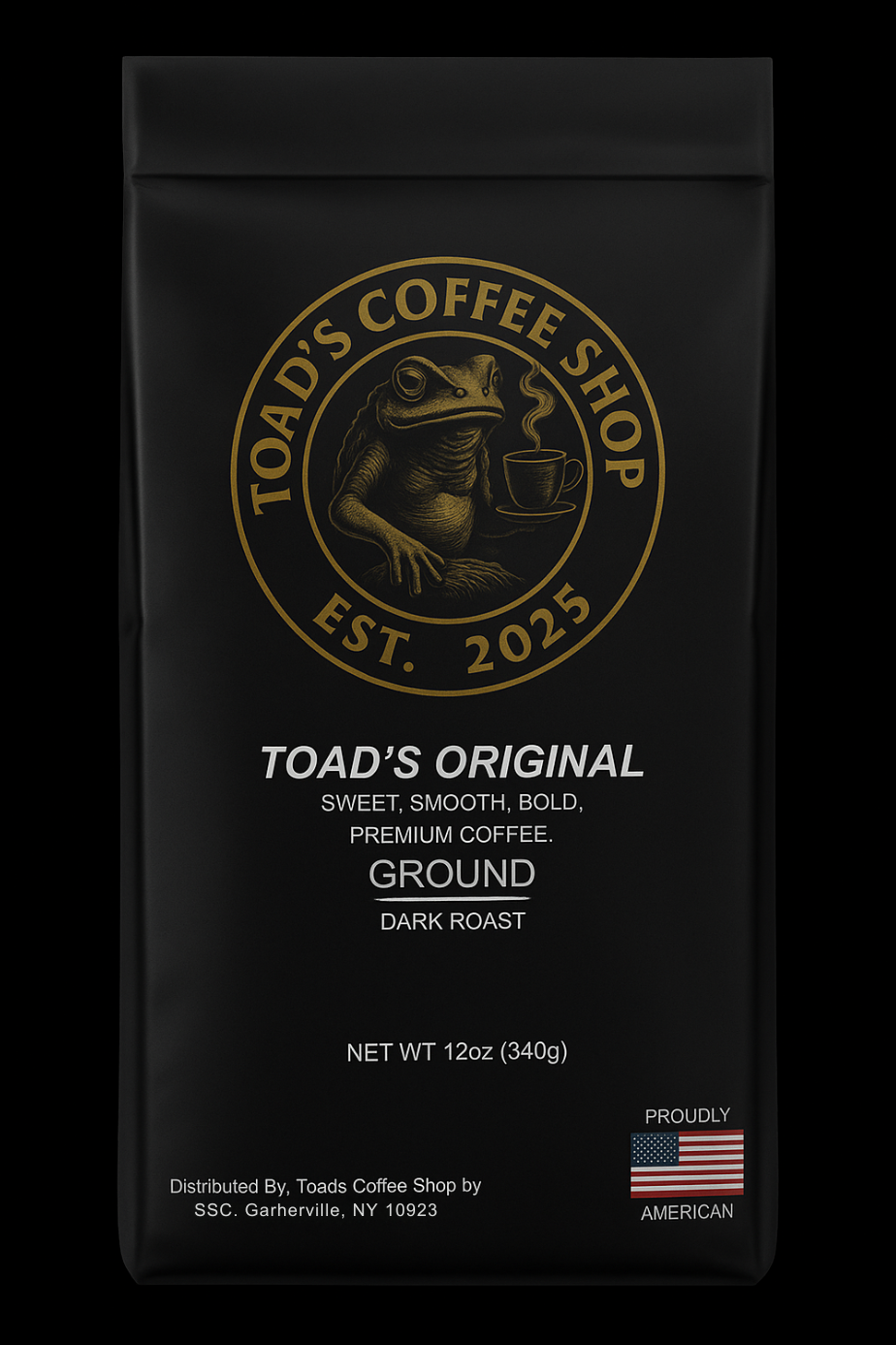 Black coffee packaging with gold text and branding on a white background